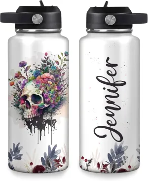 Hyturtle Personalized Skull Water Bottle - Travel Insulated Stainless Steel Bottle with Leak-Proof Lid 18oz 32oz - Skull Gift for Women Girls Skull Lovers with Floral Design - Birthday, Christmas Gift