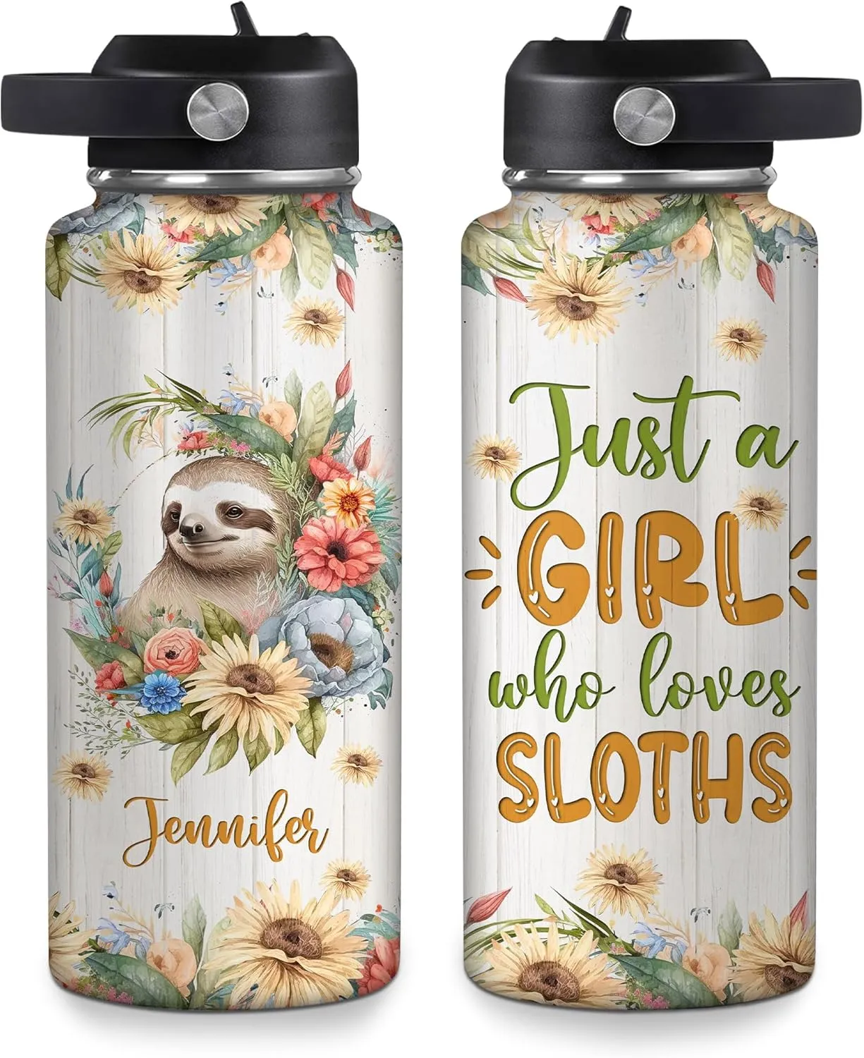 Hyturtle Personalized Sloth Water Bottle - Custom Name Insulated Stainless Steel Bottle with Leak-Proof Lid 18oz 32oz - Animal Lover Gift for Women Girls Sloth Lovers - Birthday & Christmas Gift