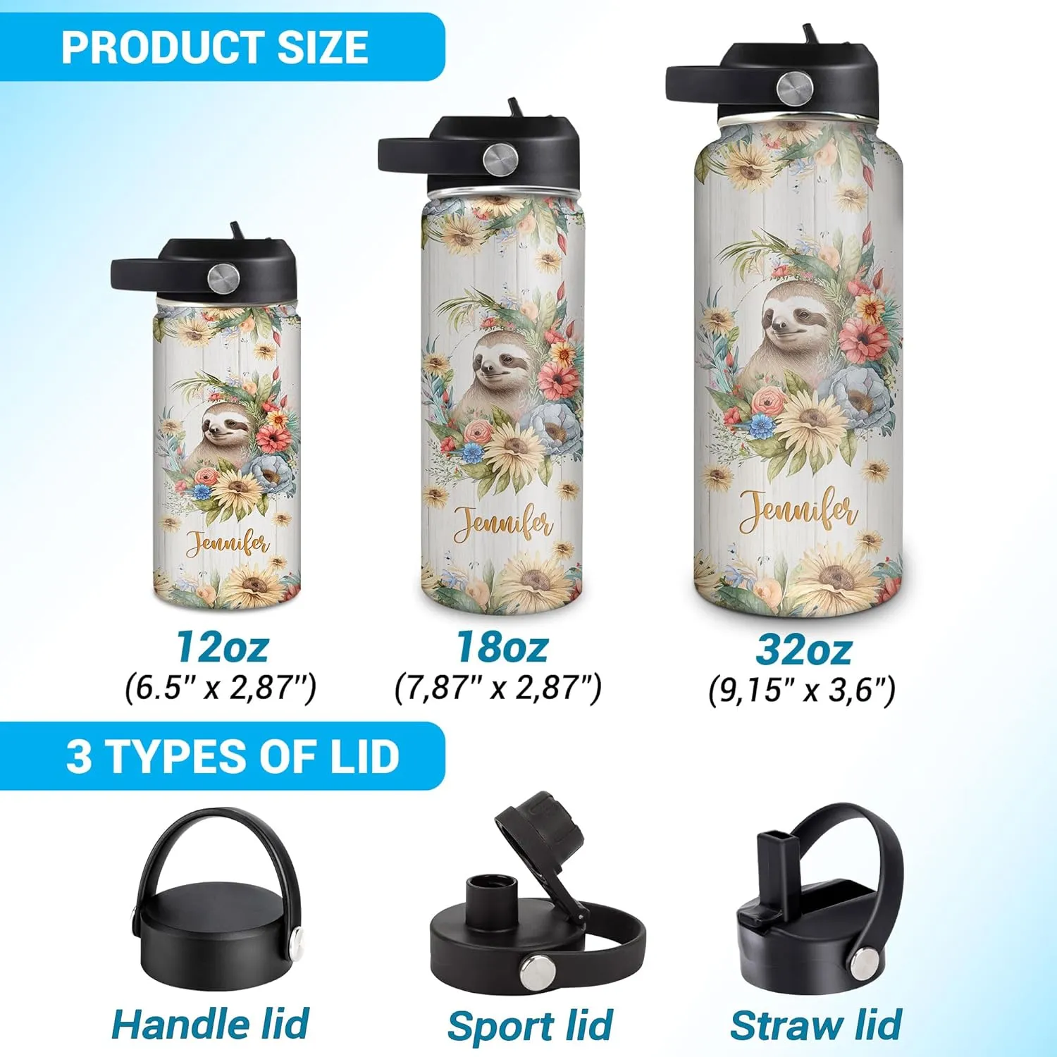 Hyturtle Personalized Sloth Water Bottle - Custom Name Insulated Stainless Steel Bottle with Leak-Proof Lid 18oz 32oz - Animal Lover Gift for Women Girls Sloth Lovers - Birthday & Christmas Gift