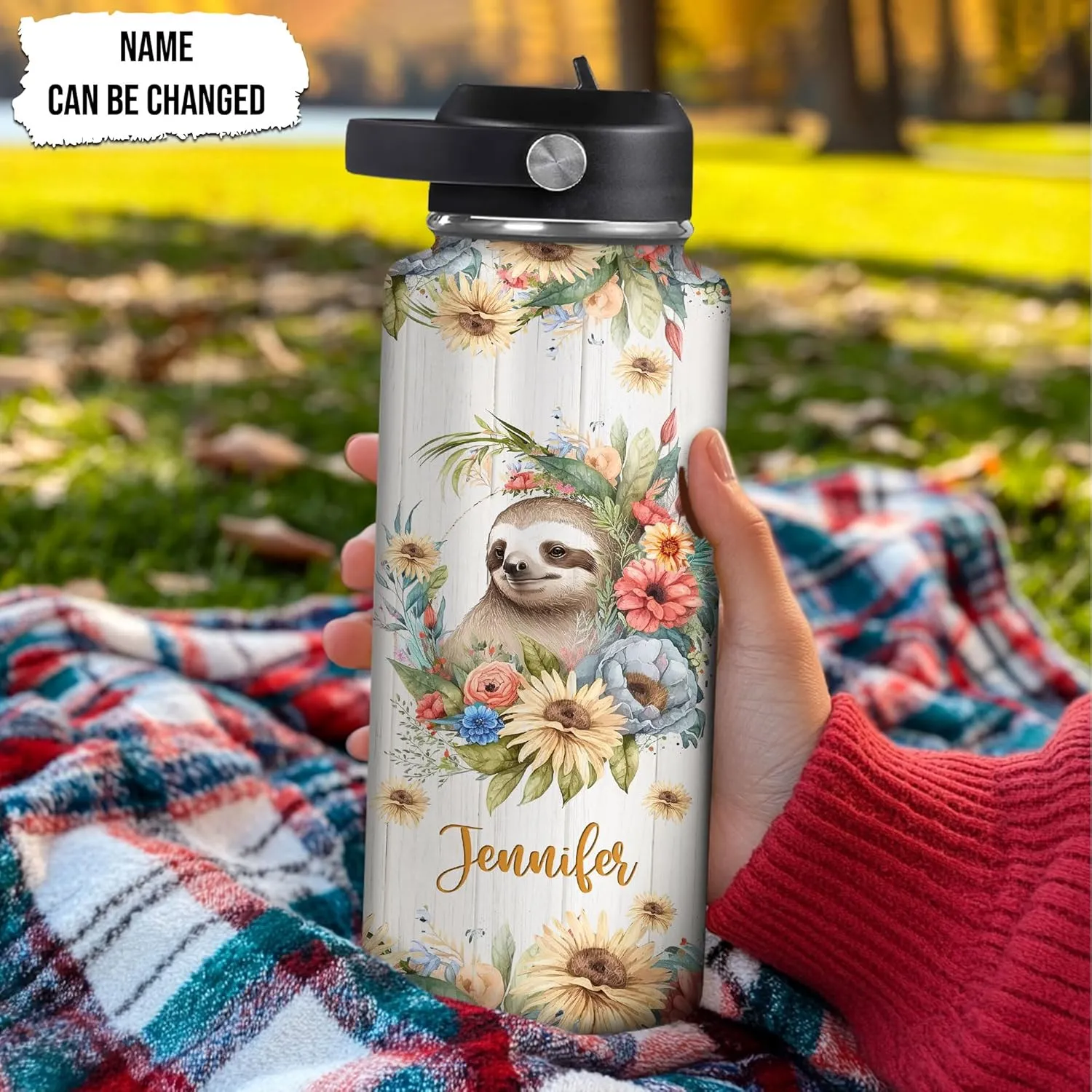 Hyturtle Personalized Sloth Water Bottle - Custom Name Insulated Stainless Steel Bottle with Leak-Proof Lid 18oz 32oz - Animal Lover Gift for Women Girls Sloth Lovers - Birthday & Christmas Gift