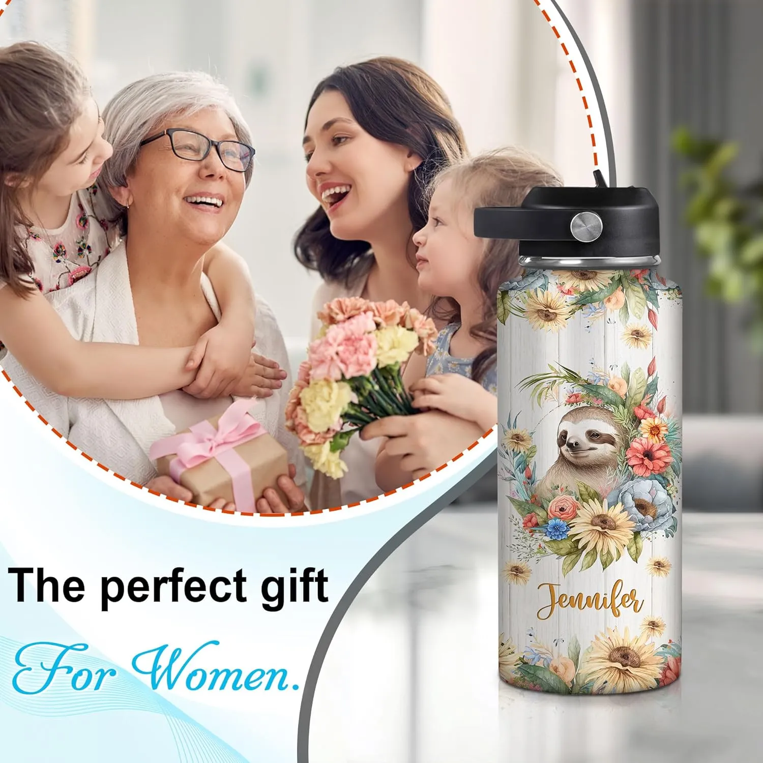 Hyturtle Personalized Sloth Water Bottle - Custom Name Insulated Stainless Steel Bottle with Leak-Proof Lid 18oz 32oz - Animal Lover Gift for Women Girls Sloth Lovers - Birthday & Christmas Gift