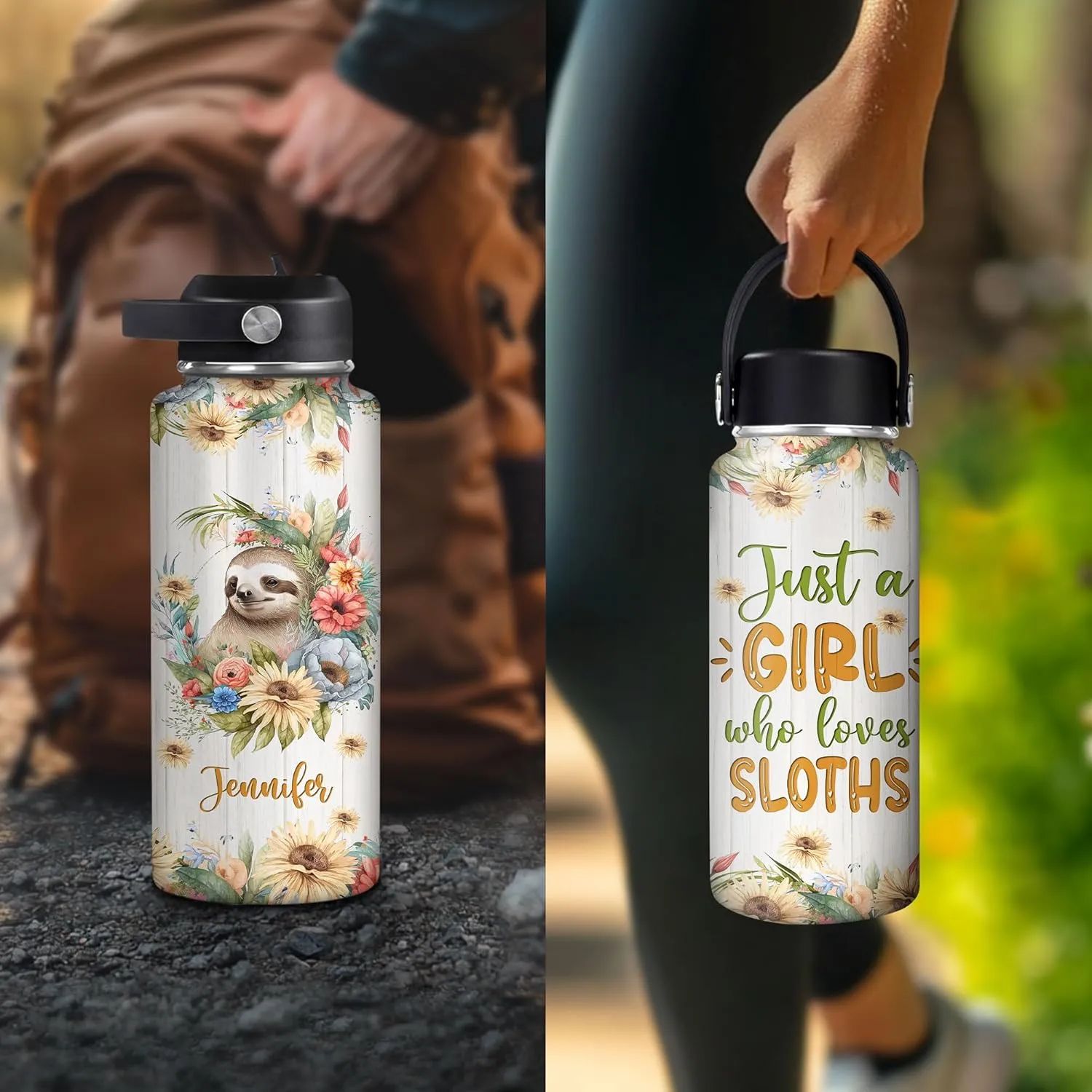 Hyturtle Personalized Sloth Water Bottle - Custom Name Insulated Stainless Steel Bottle with Leak-Proof Lid 18oz 32oz - Animal Lover Gift for Women Girls Sloth Lovers - Birthday & Christmas Gift