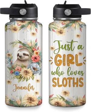 Hyturtle Personalized Sloth Water Bottle - Custom Name Insulated Stainless Steel Bottle with Leak-Proof Lid 18oz 32oz - Animal Lover Gift for Women Girls Sloth Lovers - Birthday & Christmas Gift