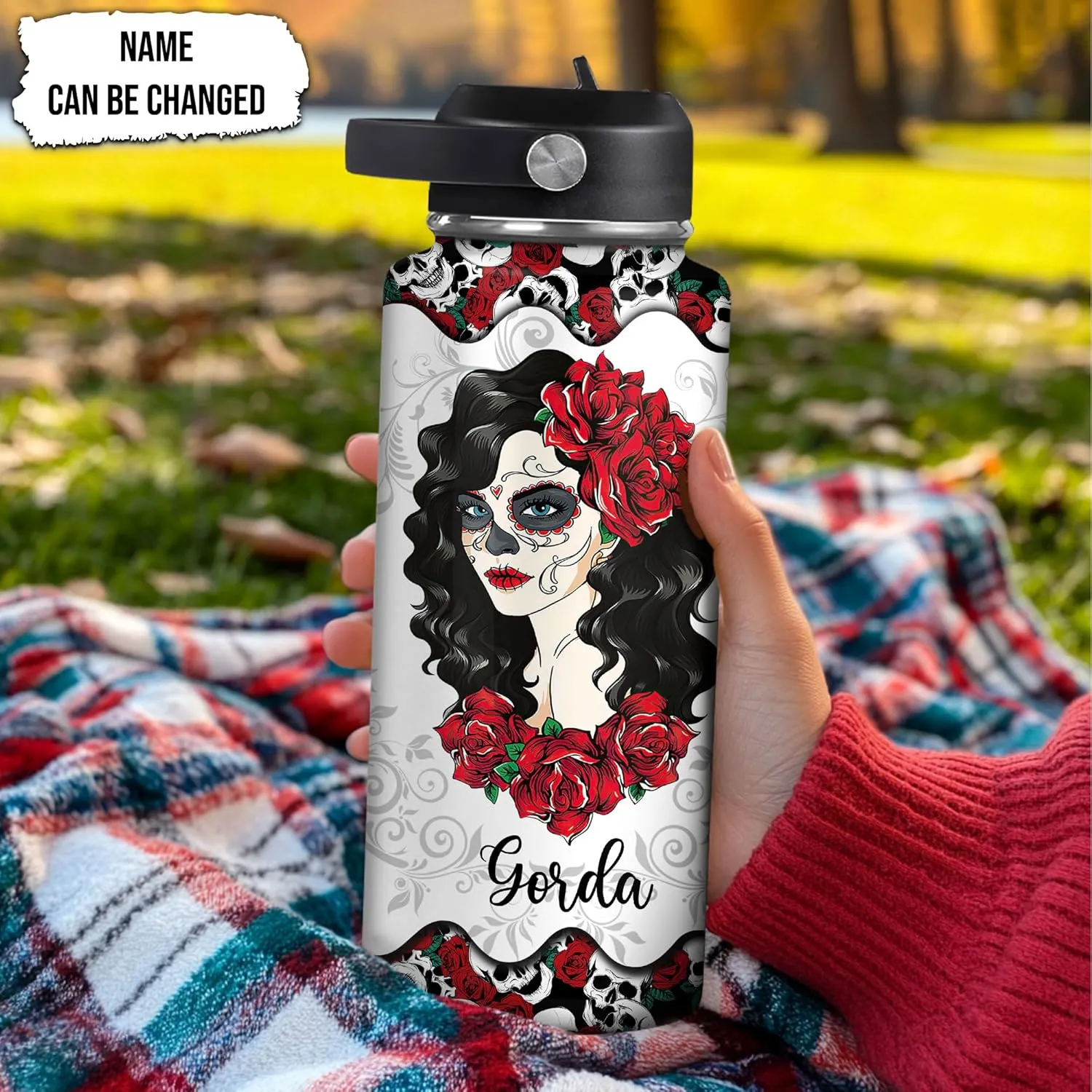 Hyturtle Personalized Sugar Skull Water Bottle - Travel Insulated Stainless Steel Bottle with Leak-Proof Lid 18oz 32oz - Gothic Style Gift for Women, Sugar Skull Lovers - Birthday & Christmas Gift
