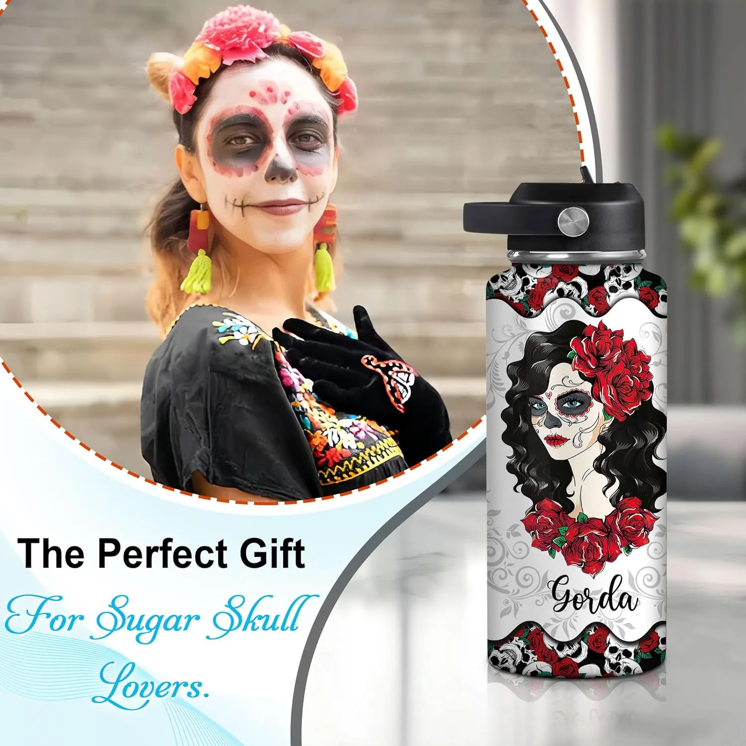 Hyturtle Personalized Sugar Skull Water Bottle - Travel Insulated Stainless Steel Bottle with Leak-Proof Lid 18oz 32oz - Gothic Style Gift for Women, Sugar Skull Lovers - Birthday & Christmas Gift