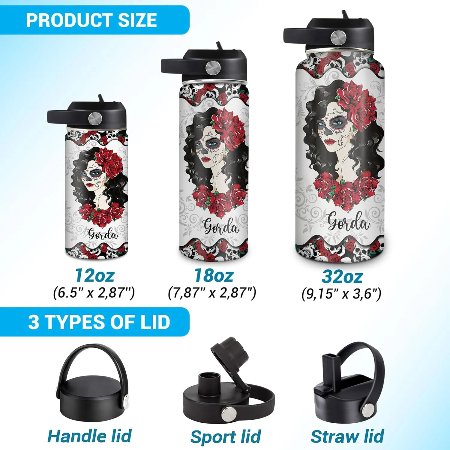 Hyturtle Personalized Sugar Skull Water Bottle - Travel Insulated Stainless Steel Bottle with Leak-Proof Lid 18oz 32oz - Gothic Style Gift for Women, Sugar Skull Lovers - Birthday & Christmas Gift