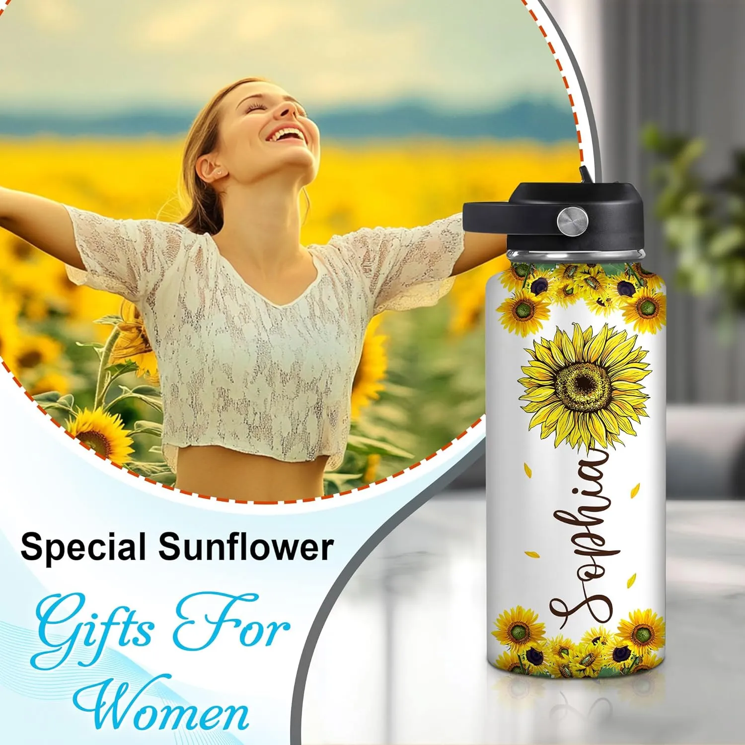 Hyturtle Personalized Sunflower Water Bottle - Travel Insulated Stainless Steel Bottle with Leak-Proof Lid 18oz 32oz - Sunflower Gift for Women, Girls, Sunflower Lovers - Birthday & Christmas Gift