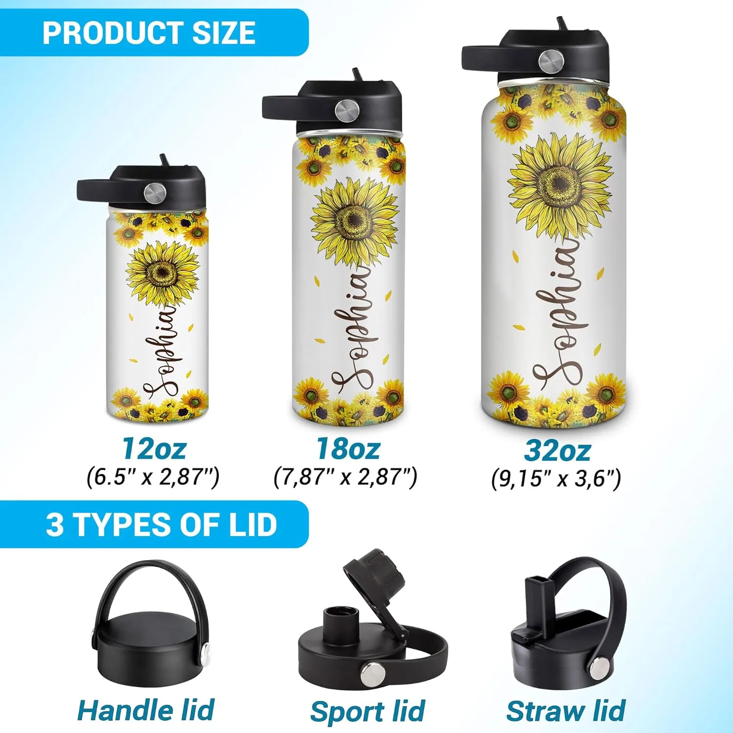 Hyturtle Personalized Sunflower Water Bottle - Travel Insulated Stainless Steel Bottle with Leak-Proof Lid 18oz 32oz - Sunflower Gift for Women, Girls, Sunflower Lovers - Birthday & Christmas Gift