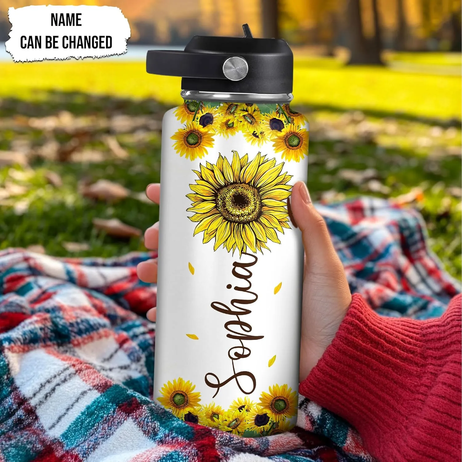 Hyturtle Personalized Sunflower Water Bottle - Travel Insulated Stainless Steel Bottle with Leak-Proof Lid 18oz 32oz - Sunflower Gift for Women, Girls, Sunflower Lovers - Birthday & Christmas Gift