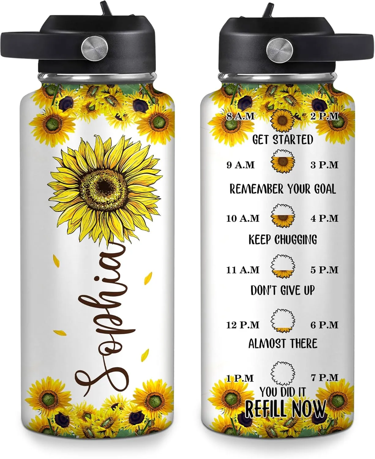 Hyturtle Personalized Sunflower Water Bottle - Travel Insulated Stainless Steel Bottle with Leak-Proof Lid 18oz 32oz - Sunflower Gift for Women, Girls, Sunflower Lovers - Birthday & Christmas Gift