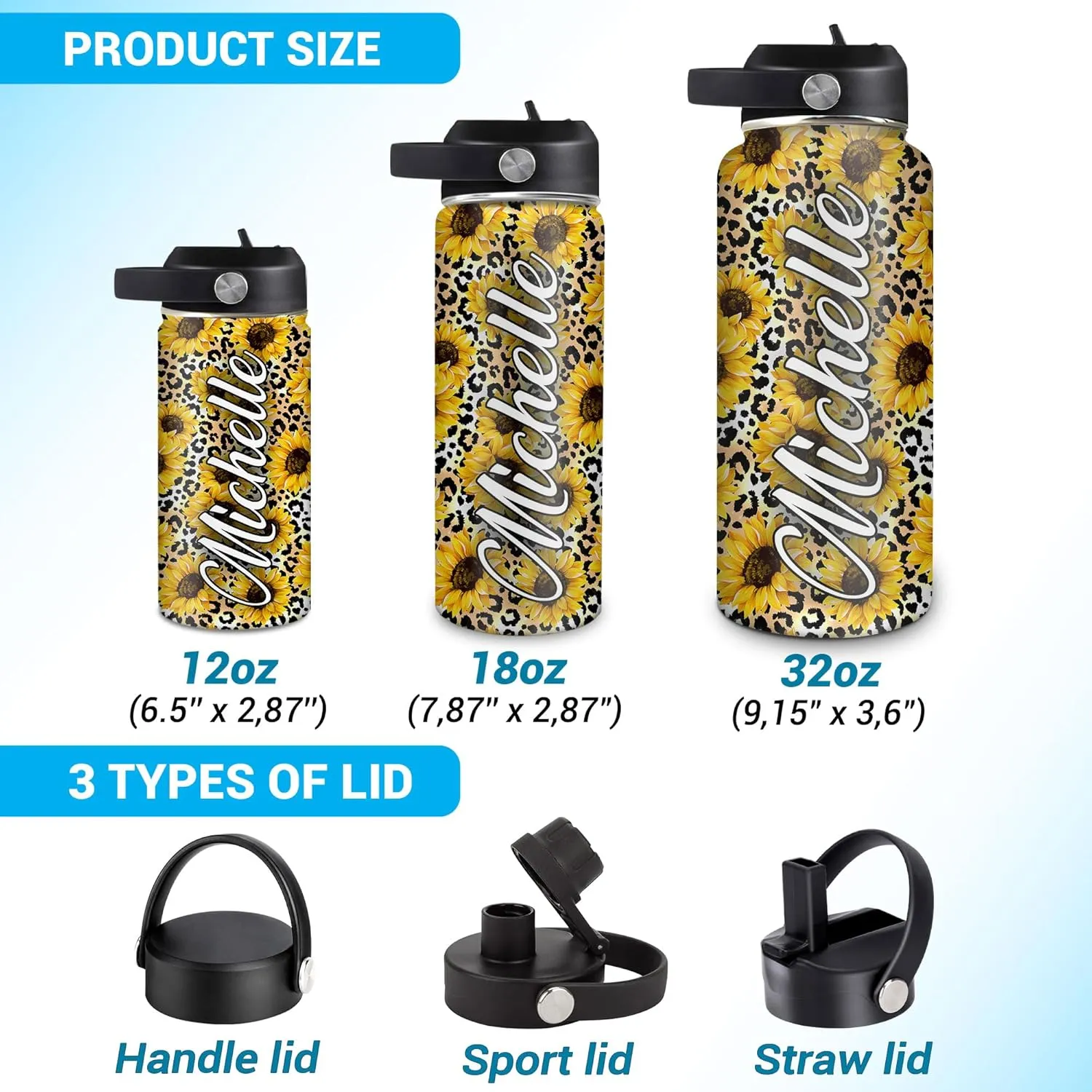 Hyturtle Personalized Sunflower Water Bottle - Travel Insulated Stainless Steel Bottle with Leak-Proof Lid 18oz 32oz - Sunflower Gift for Women Girls Sunflower Lovers with Leopard Print On Birthday