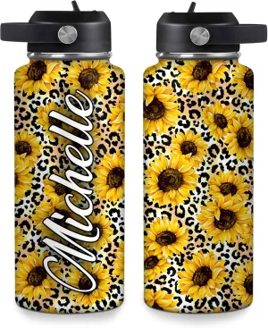 Hyturtle Personalized Sunflower Water Bottle - Travel Insulated Stainless Steel Bottle with Leak-Proof Lid 18oz 32oz - Sunflower Gift for Women Girls Sunflower Lovers with Leopard Print On Birthday