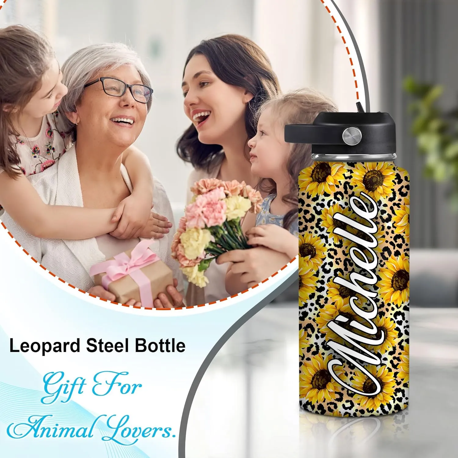 Hyturtle Personalized Sunflower Water Bottle - Travel Insulated Stainless Steel Bottle with Leak-Proof Lid 18oz 32oz - Sunflower Gift for Women Girls Sunflower Lovers with Leopard Print On Birthday