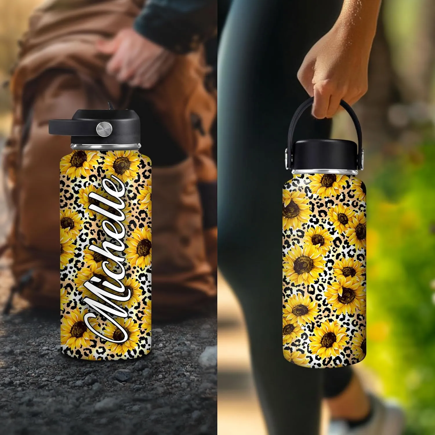 Hyturtle Personalized Sunflower Water Bottle - Travel Insulated Stainless Steel Bottle with Leak-Proof Lid 18oz 32oz - Sunflower Gift for Women Girls Sunflower Lovers with Leopard Print On Birthday