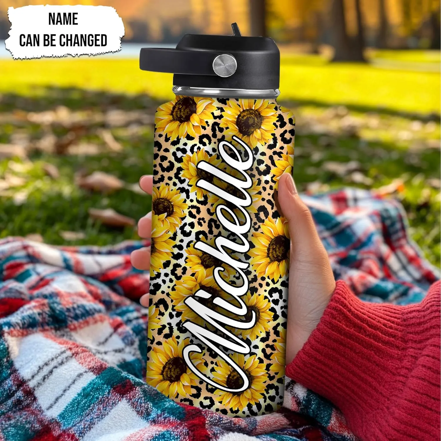 Hyturtle Personalized Sunflower Water Bottle - Travel Insulated Stainless Steel Bottle with Leak-Proof Lid 18oz 32oz - Sunflower Gift for Women Girls Sunflower Lovers with Leopard Print On Birthday