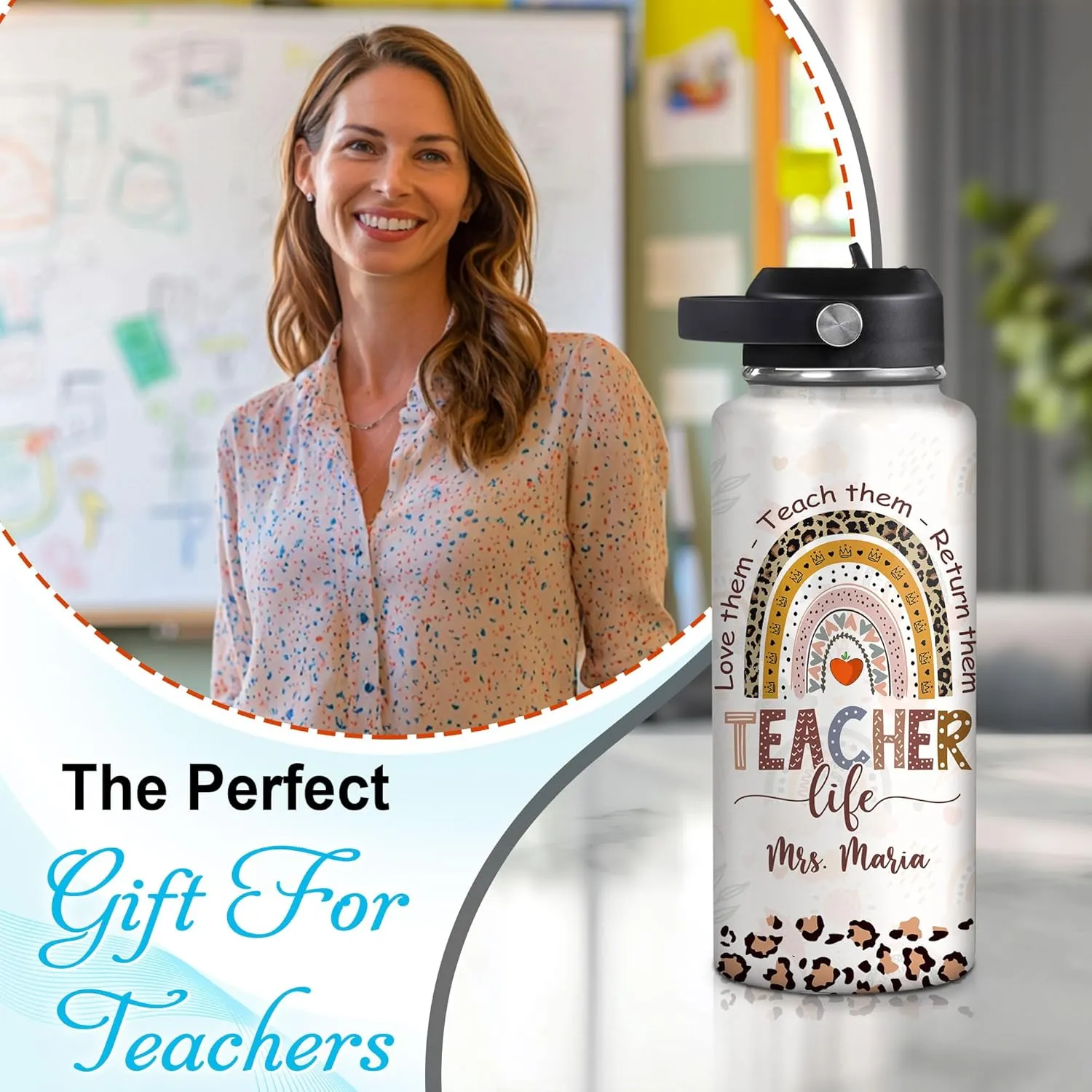 Hyturtle Personalized Teacher Water Bottle - Custom Name Travel Insulated Stainless Steel Bottle with LeakProof Lid 18oz 32oz - Teacher life Appreciation Gift from Students for Birthday Back to School
