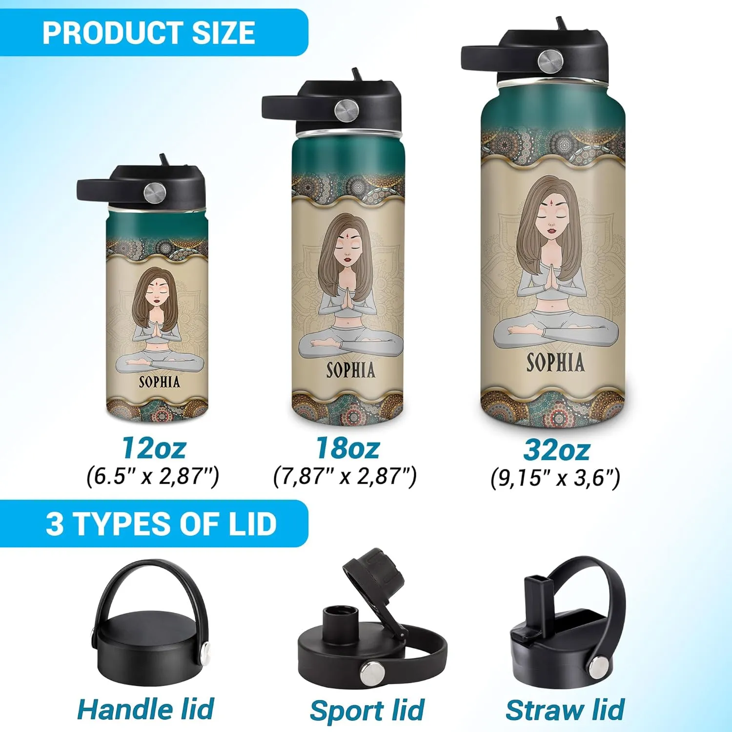 Hyturtle Personalized Yoga Water Bottle - Custom Name Insulated Stainless Steel Bottle with Leak-Proof Lid 18oz 32oz - Yoga Teacher for Women Girls Lovers - Birthday & Christmas Gift