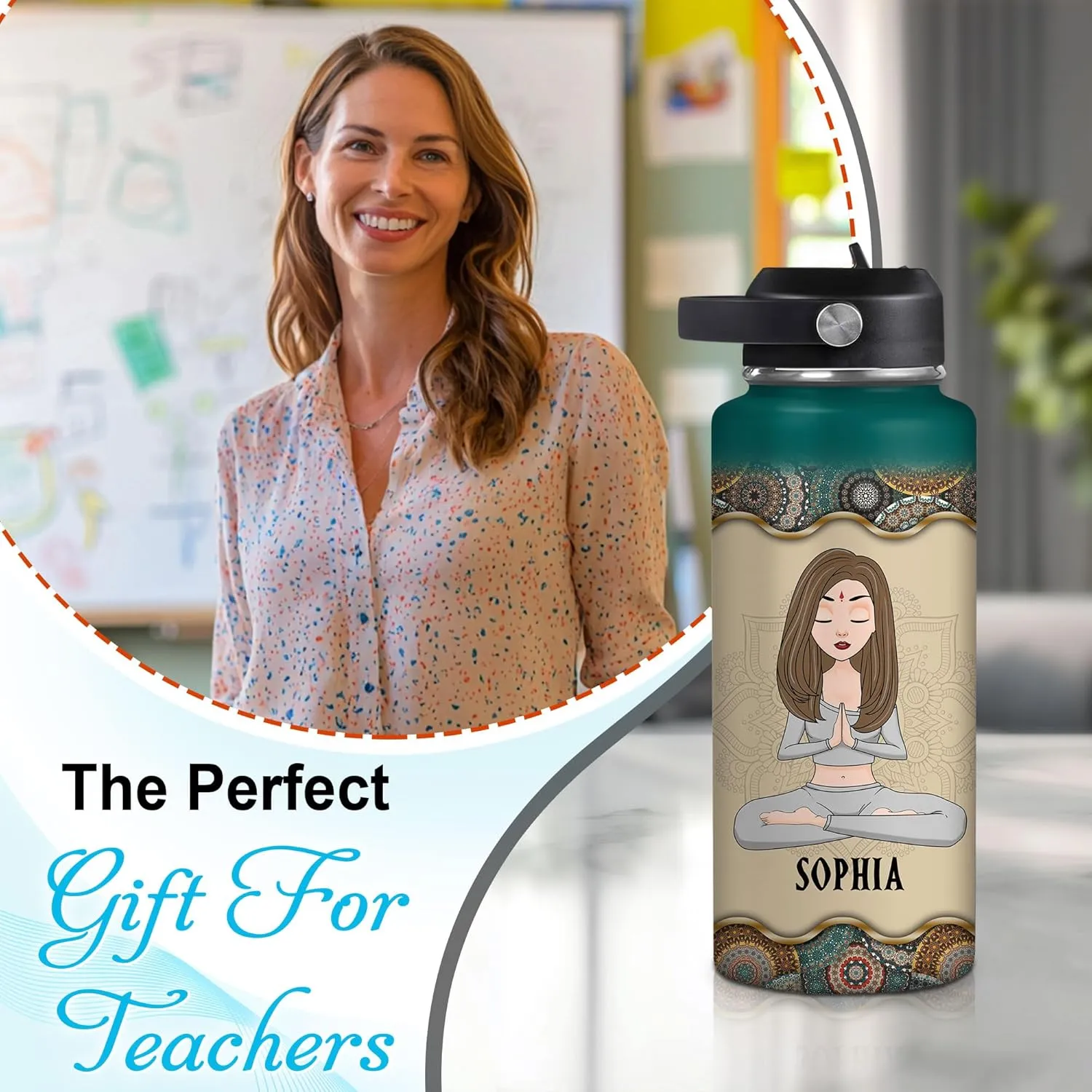 Hyturtle Personalized Yoga Water Bottle - Custom Name Insulated Stainless Steel Bottle with Leak-Proof Lid 18oz 32oz - Yoga Teacher for Women Girls Lovers - Birthday & Christmas Gift