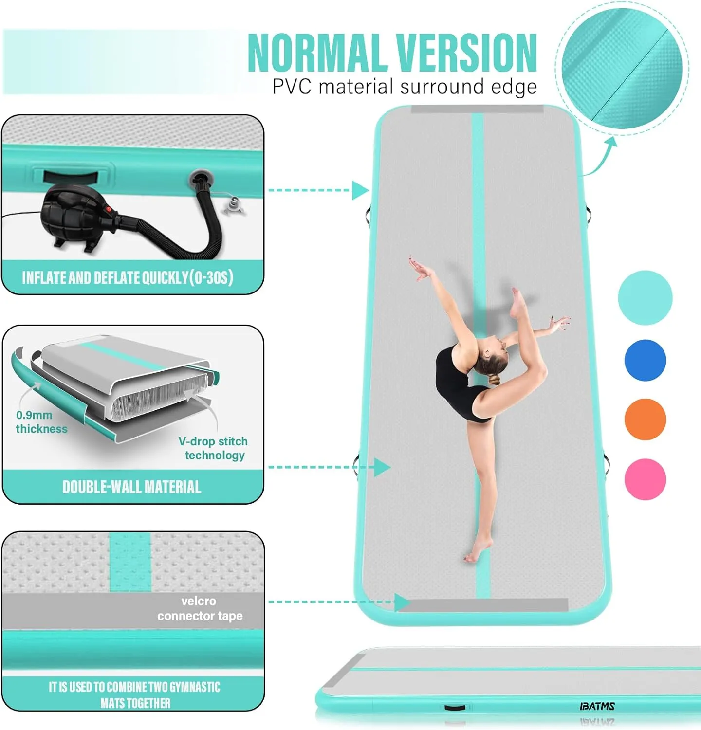 IBATMS Air Tumbling Mat, 6ft/10ft/13ft/16ft/20ft Inflatable Gymnastics Air Mat 4inch/8inch for Gymnastics Training/Home Use/Cheerleading/Yoga/Water with Pump
