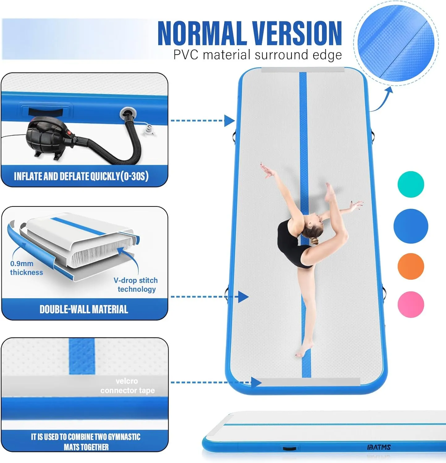 IBATMS Air Tumbling Mat, 6ft/10ft/13ft/16ft/20ft Inflatable Gymnastics Air Mat 4inch/8inch for Gymnastics Training/Home Use/Cheerleading/Yoga/Water with Pump