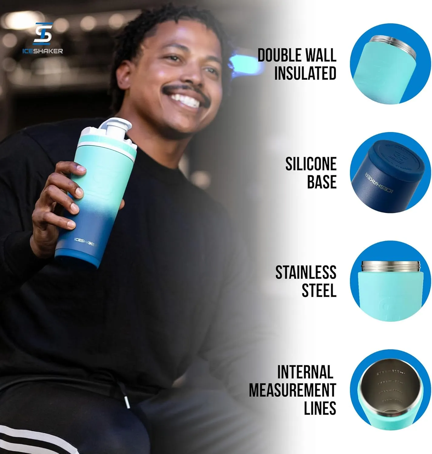 Ice Shaker Insulated Stainless Steel Shaker Bottle | 26oz, Navy/Mint | Cold for 30  Hours | Insulated Cup with Twist-on Agitator | Odor-Free Bottle for Protein Shakes, Water, Smoothies, Cocktails