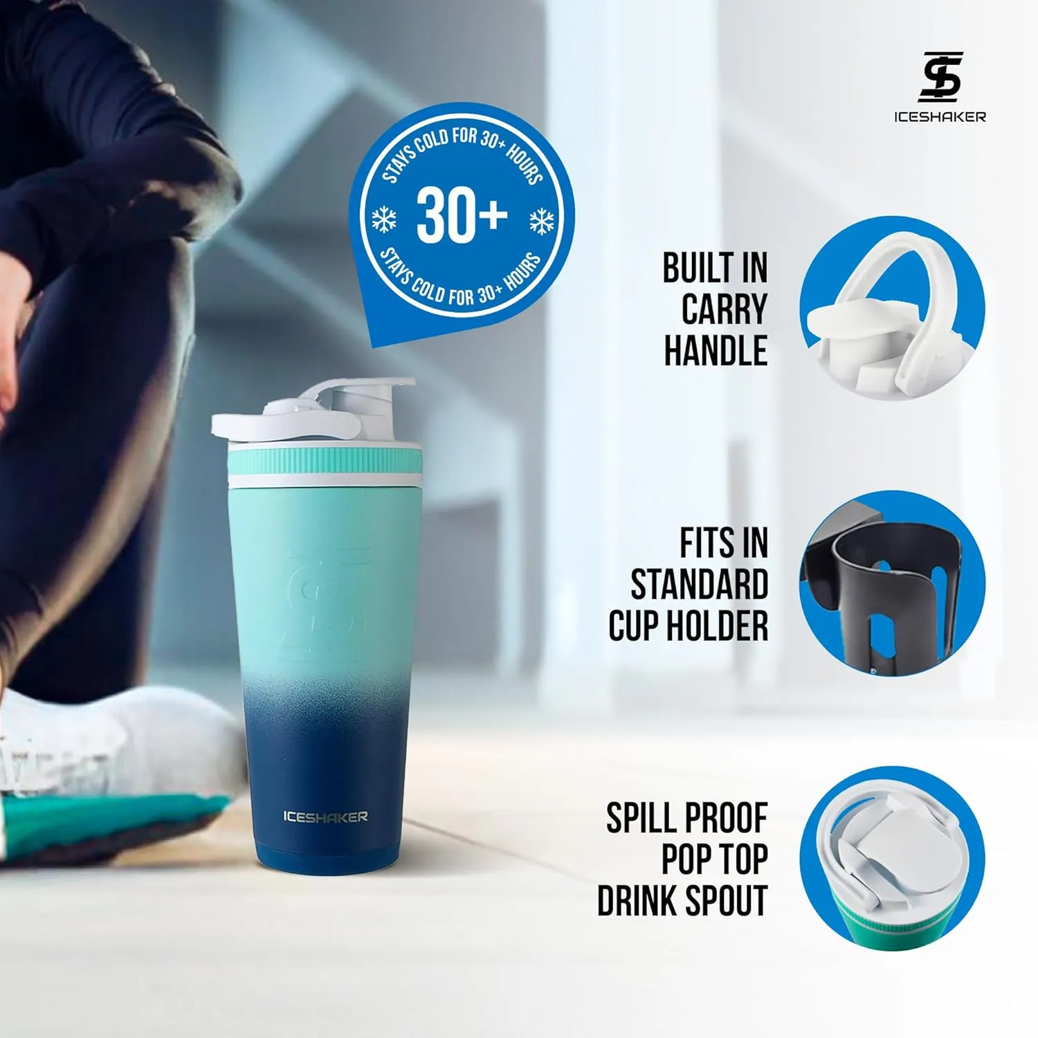 Ice Shaker Insulated Stainless Steel Shaker Bottle | 26oz, Navy/Mint | Cold for 30  Hours | Insulated Cup with Twist-on Agitator | Odor-Free Bottle for Protein Shakes, Water, Smoothies, Cocktails