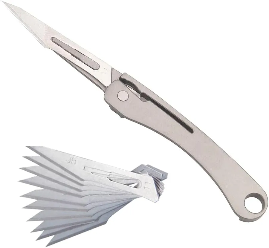 ILEAF Titanium Alloy Daily Mini Pocket Folding Utility Knife with 10 Replaceable Quick Change Blades, Ultra Compact and Lightweight