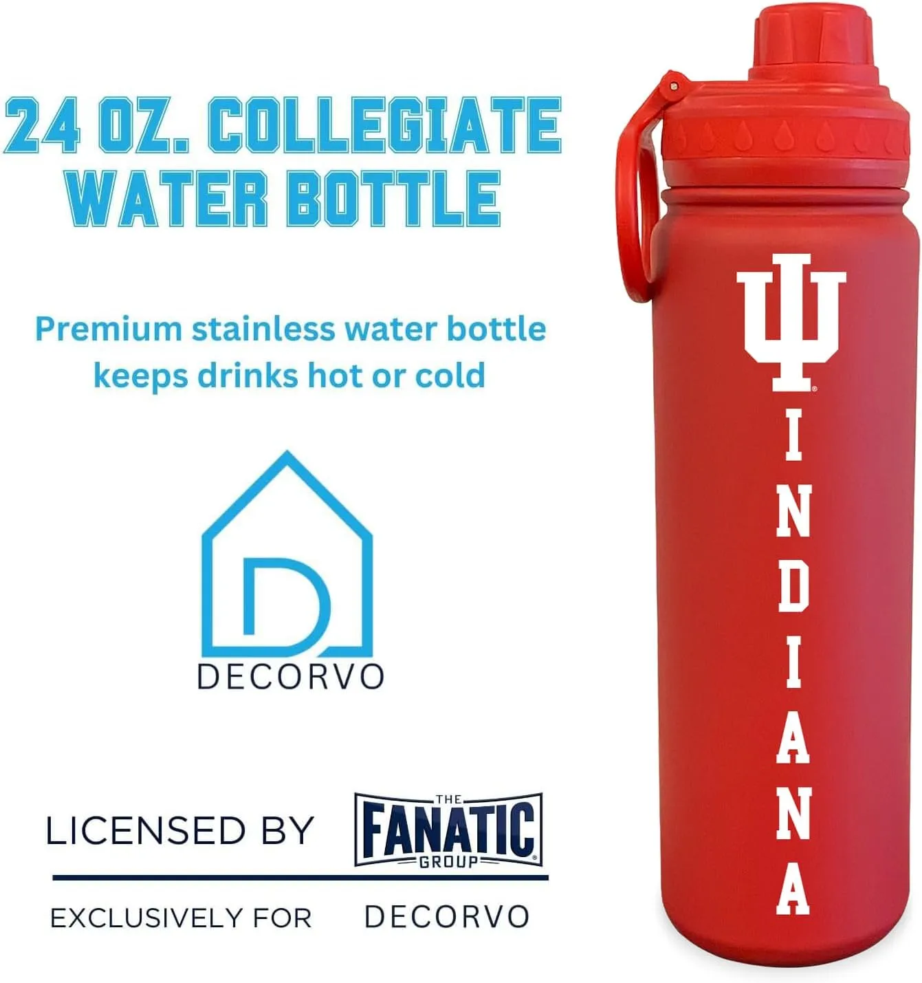 Indiana Logo Water Bottle - Red Double Walled Stainless Steel 24 oz Keeps Drinks Cold or Hot