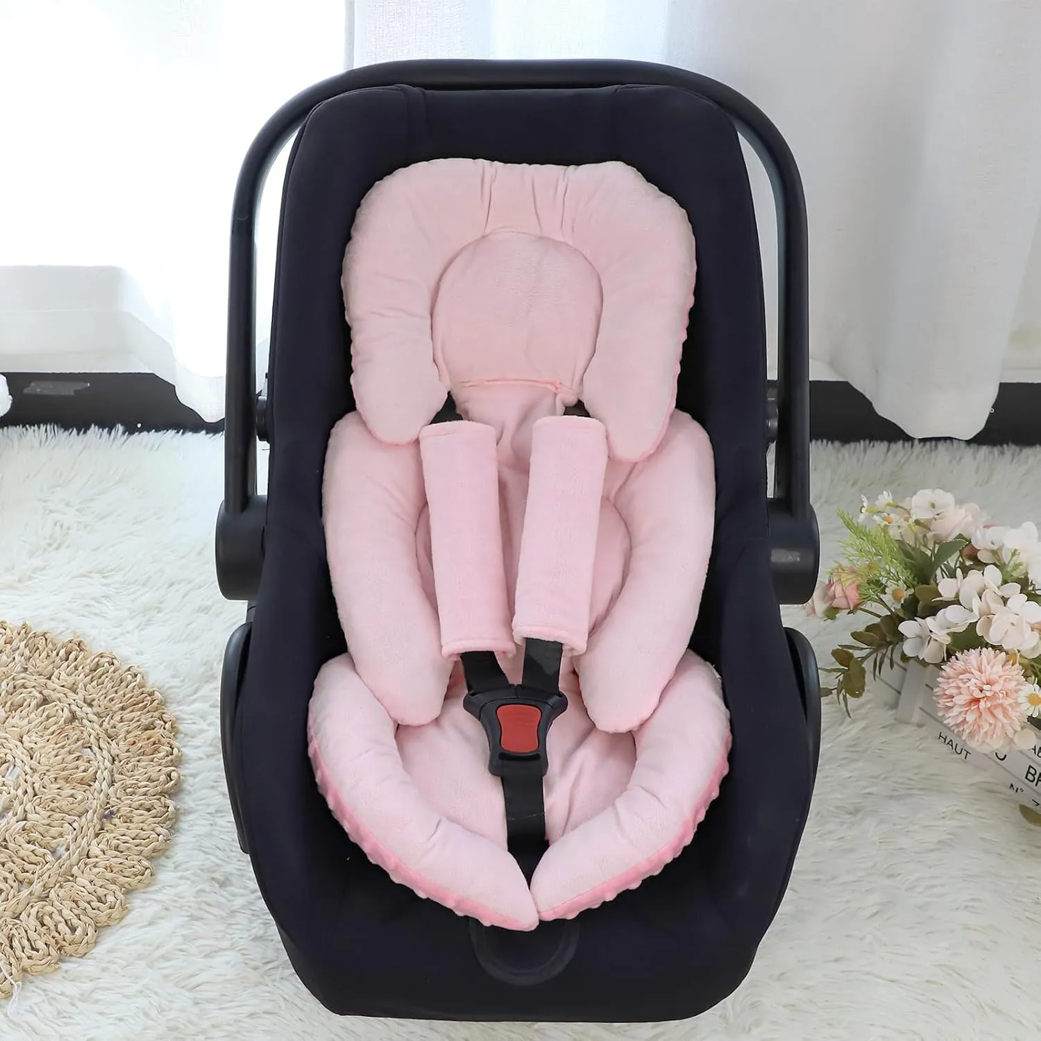 Infant Car Seat Insert Head and Body Support, GFU Reversible Newborn Insert for Carseat with Strap Pads, Soft Stroller Cushion Pillow Insert for Boys and Girls, Fits for Stroller, Swing, Pink