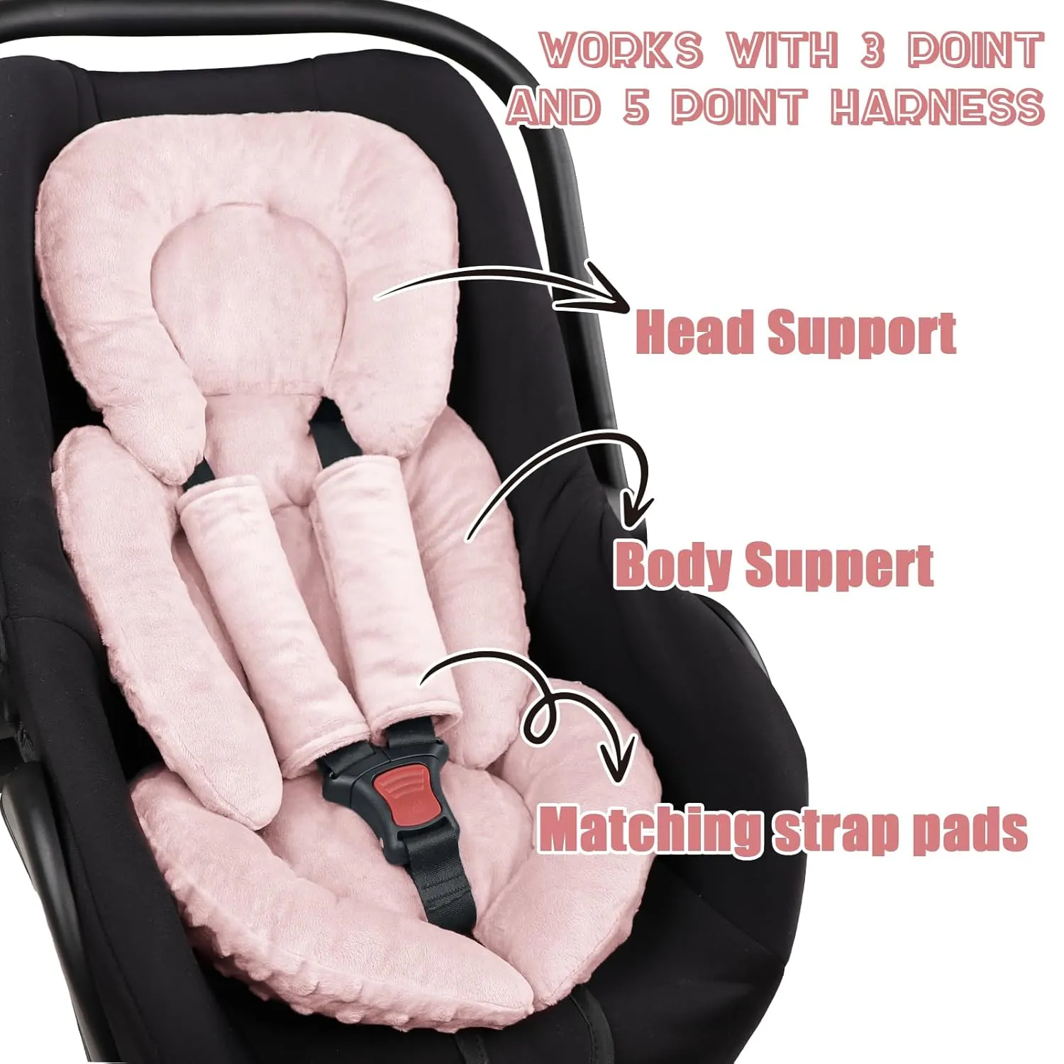 Infant Car Seat Insert Head and Body Support, GFU Reversible Newborn Insert for Carseat with Strap Pads, Soft Stroller Cushion Pillow Insert for Boys and Girls, Fits for Stroller, Swing, Pink