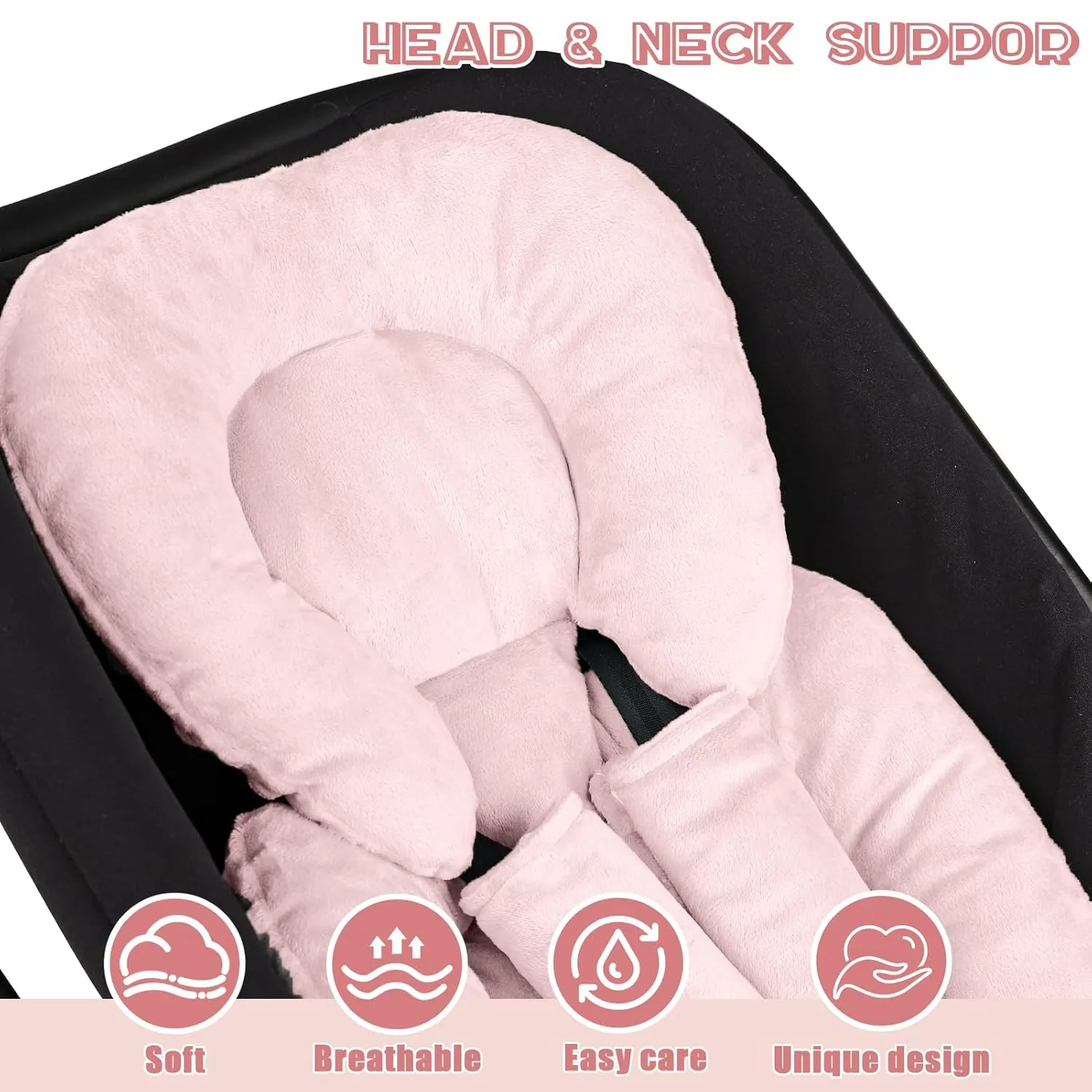 Infant Car Seat Insert Head and Body Support, GFU Reversible Newborn Insert for Carseat with Strap Pads, Soft Stroller Cushion Pillow Insert for Boys and Girls, Fits for Stroller, Swing, Pink