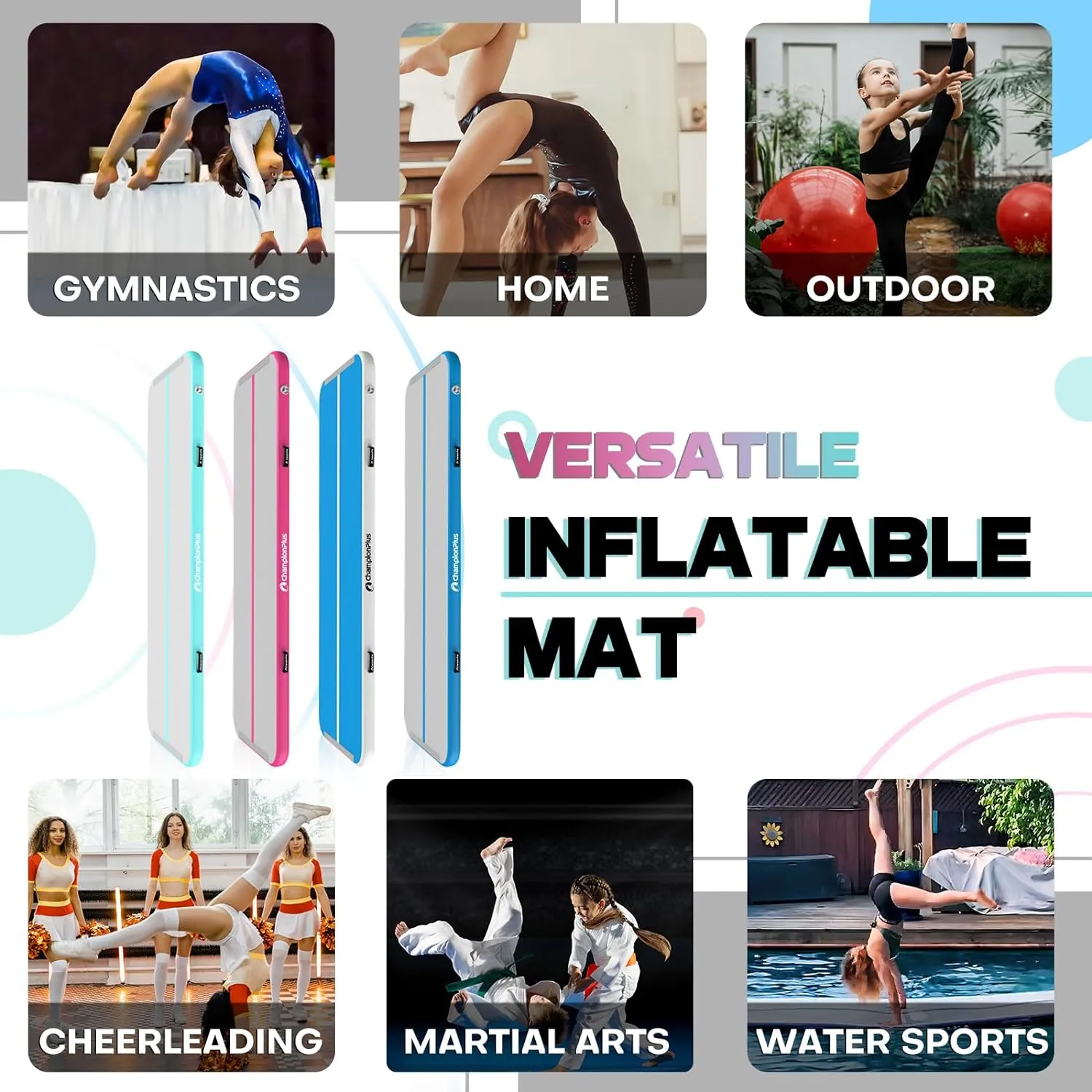 Inflatable Air Tumbling Mat Gymnastics Tumble track 4/8 inches Thickness Air Mats for Home Use/Training/Cheerleading/Water Yoga 10ft 13ft 16ft 20ft with Electric Air Pump