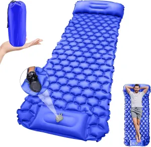 Inflatable Camping Mat with Built-in Pillow, Inflatable Sleeping Mat, Camping Mattress Portable Sleeping Mat, for Backpacking, Hiking, Tents and Travel (Blue)