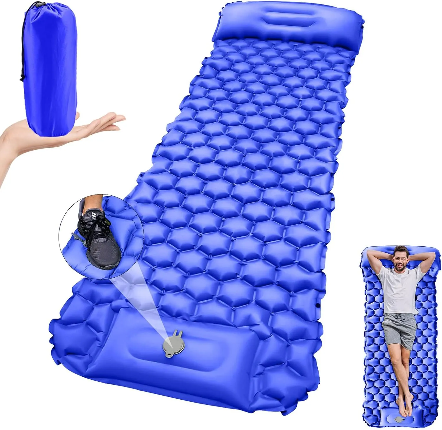 Inflatable Camping Mat with Built-in Pillow, Inflatable Sleeping Mat, Camping Mattress Portable Sleeping Mat, for Backpacking, Hiking, Tents and Travel (Blue)