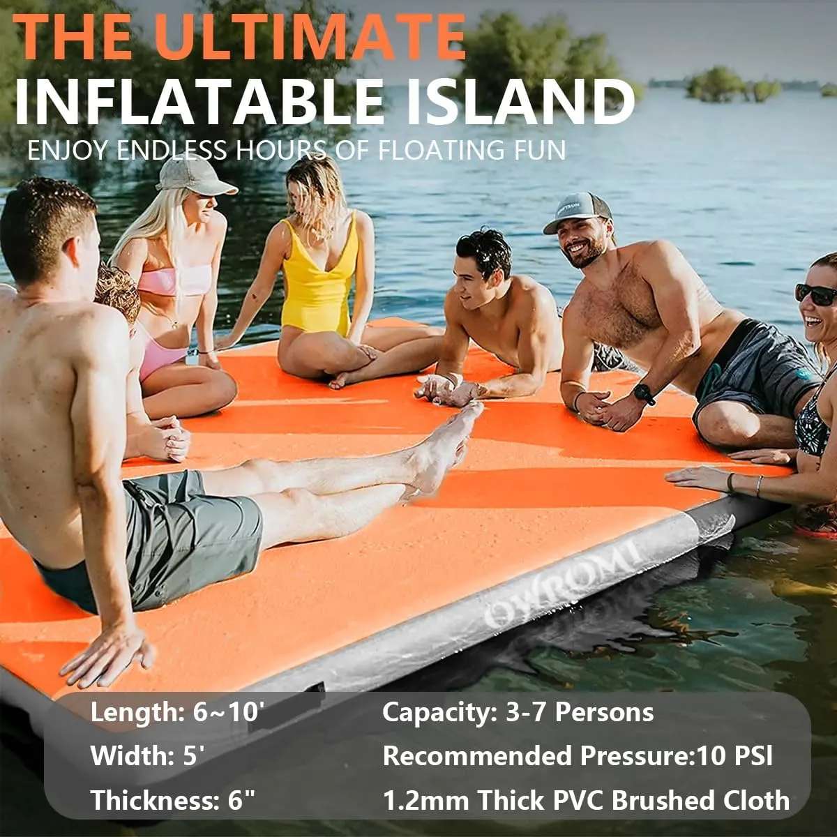 Inflatable Floating Dock Air Platform, 6/8/10ft Air Dock Platform Floating Island Raft, Enlarged Non-Slip Surface Water Floating Dock Mat, 6in Thick Water Platform Swim Dock Mat for Pool Beach Ocean