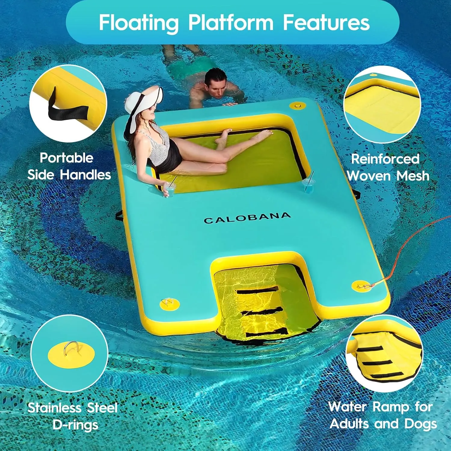 Inflatable Floating Dock with Mesh, Lake Floats with Boat Ramp Tanning Pool Lounger Water Hammock for Family Party Pool Sea River Dock Boat