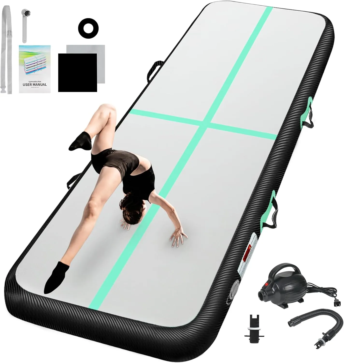 Inflatable Gymnastics Mat 10ft/13ft/16ft/20ft/ Air Tumbling Track Mats 4/8 inches Thick for Home Use/Training/Cheerleading/Yoga/Water with Pump