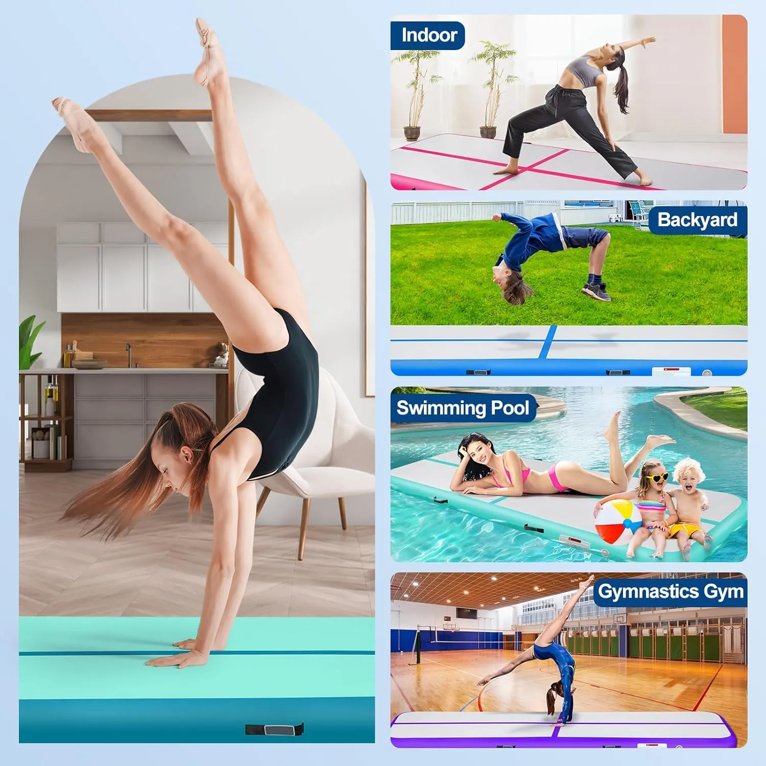 Inflatable Gymnastics Mat 10ft/13ft/16ft/20ft/ Air Tumbling Track Mats 4/8 inches Thick for Home Use/Training/Cheerleading/Yoga/Water with Pump