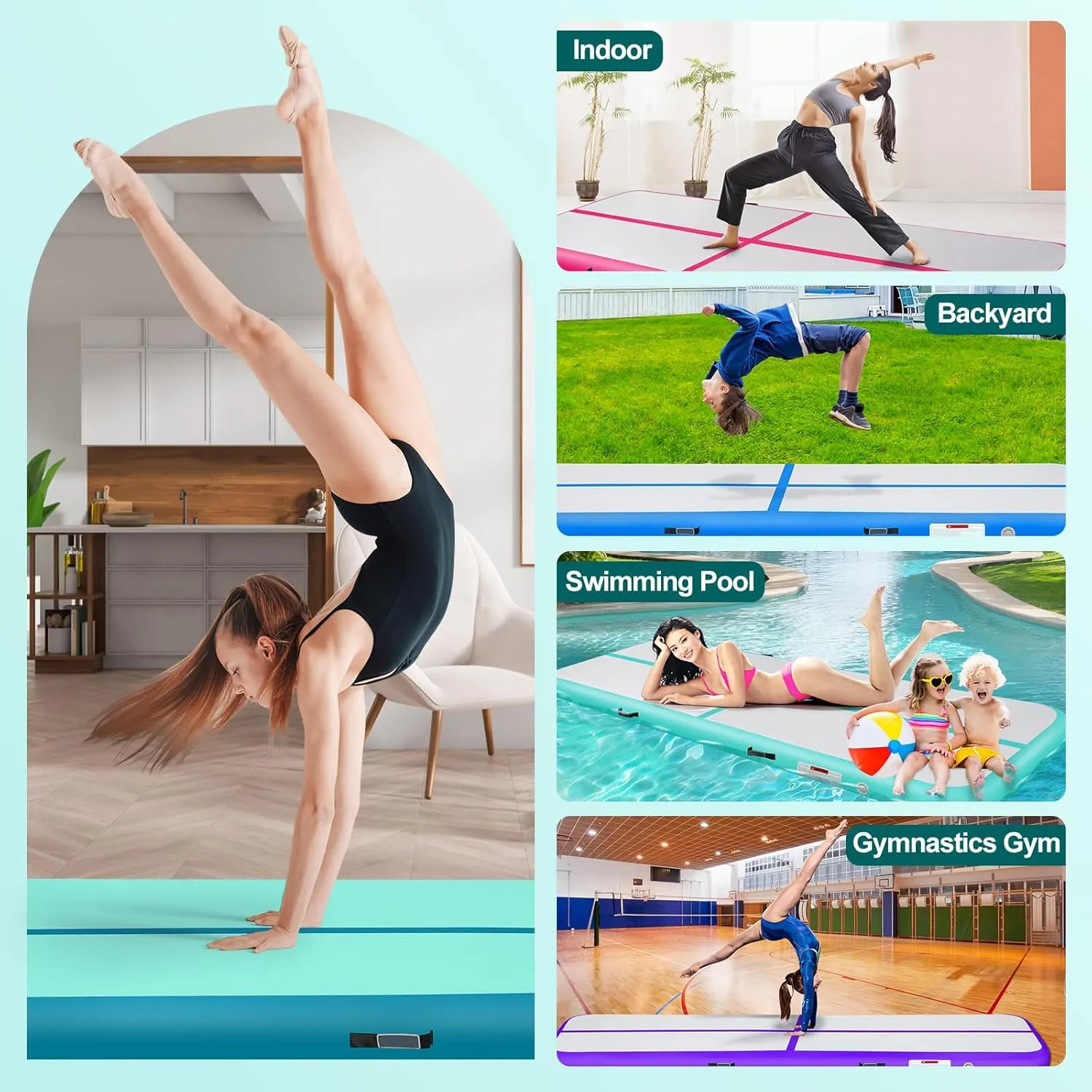 Inflatable Gymnastics Mat 10ft/13ft/16ft/20ft/ Air Tumbling Track Mats 4/8 inches Thick for Home Use/Training/Cheerleading/Yoga/Water with Pump