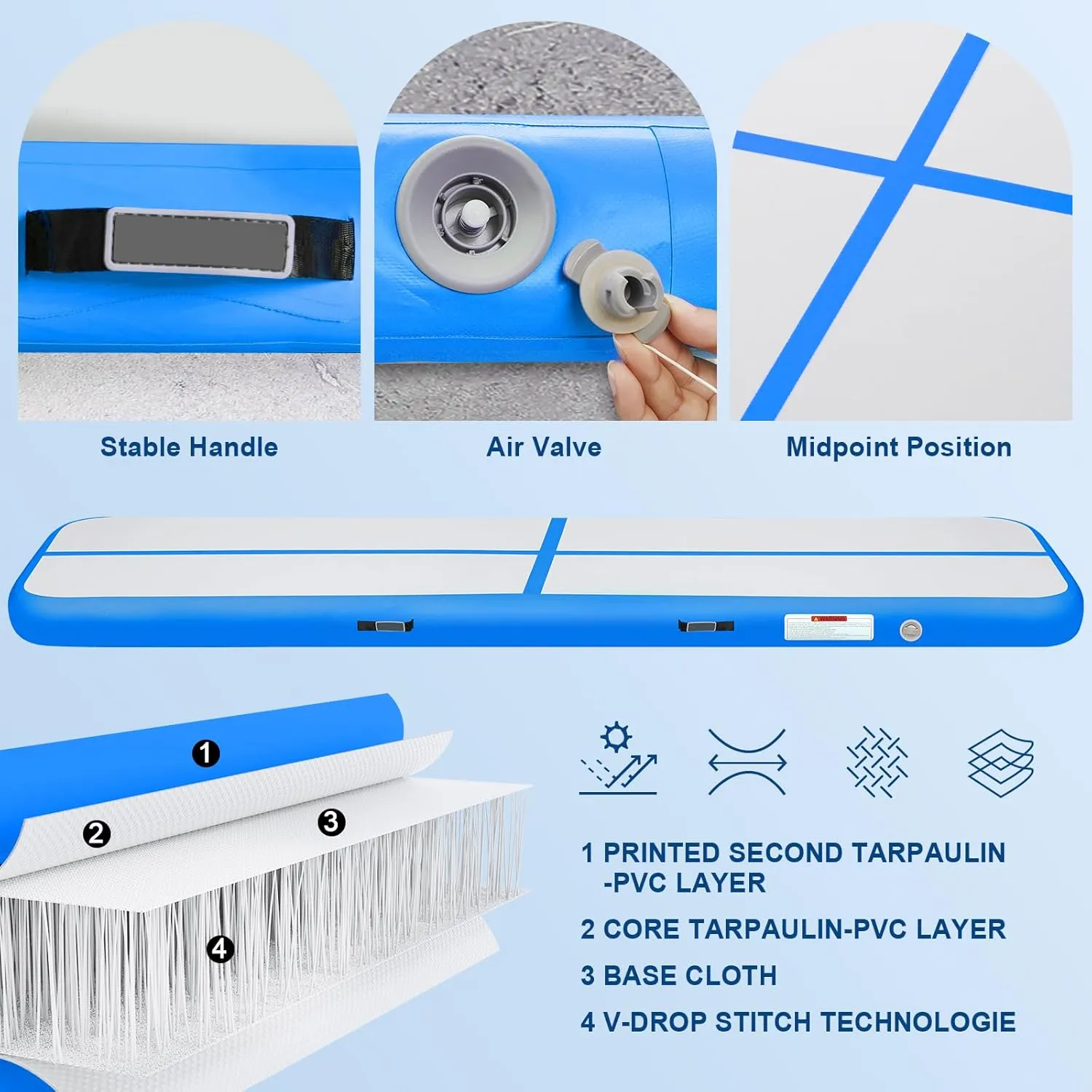 Inflatable Gymnastics Mat 10ft/13ft/16ft/20ft/ Air Tumbling Track Mats 4/8 inches Thick for Home Use/Training/Cheerleading/Yoga/Water with Pump