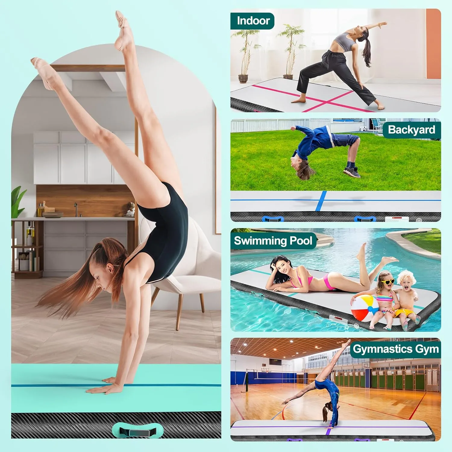Inflatable Gymnastics Mat 10ft/13ft/16ft/20ft/ Air Tumbling Track Mats 4/8 inches Thick for Home Use/Training/Cheerleading/Yoga/Water with Pump