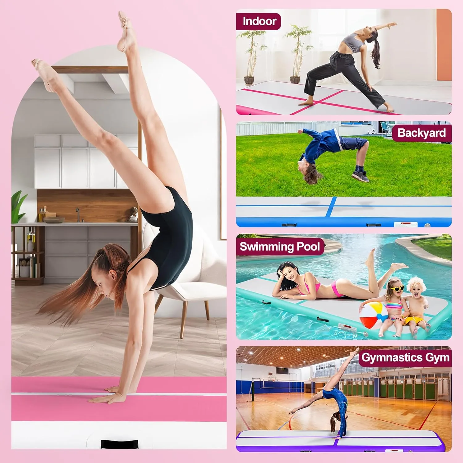 Inflatable Gymnastics Mat 10ft/13ft/16ft/20ft/ Air Tumbling Track Mats 4/8 inches Thick for Home Use/Training/Cheerleading/Yoga/Water with Pump