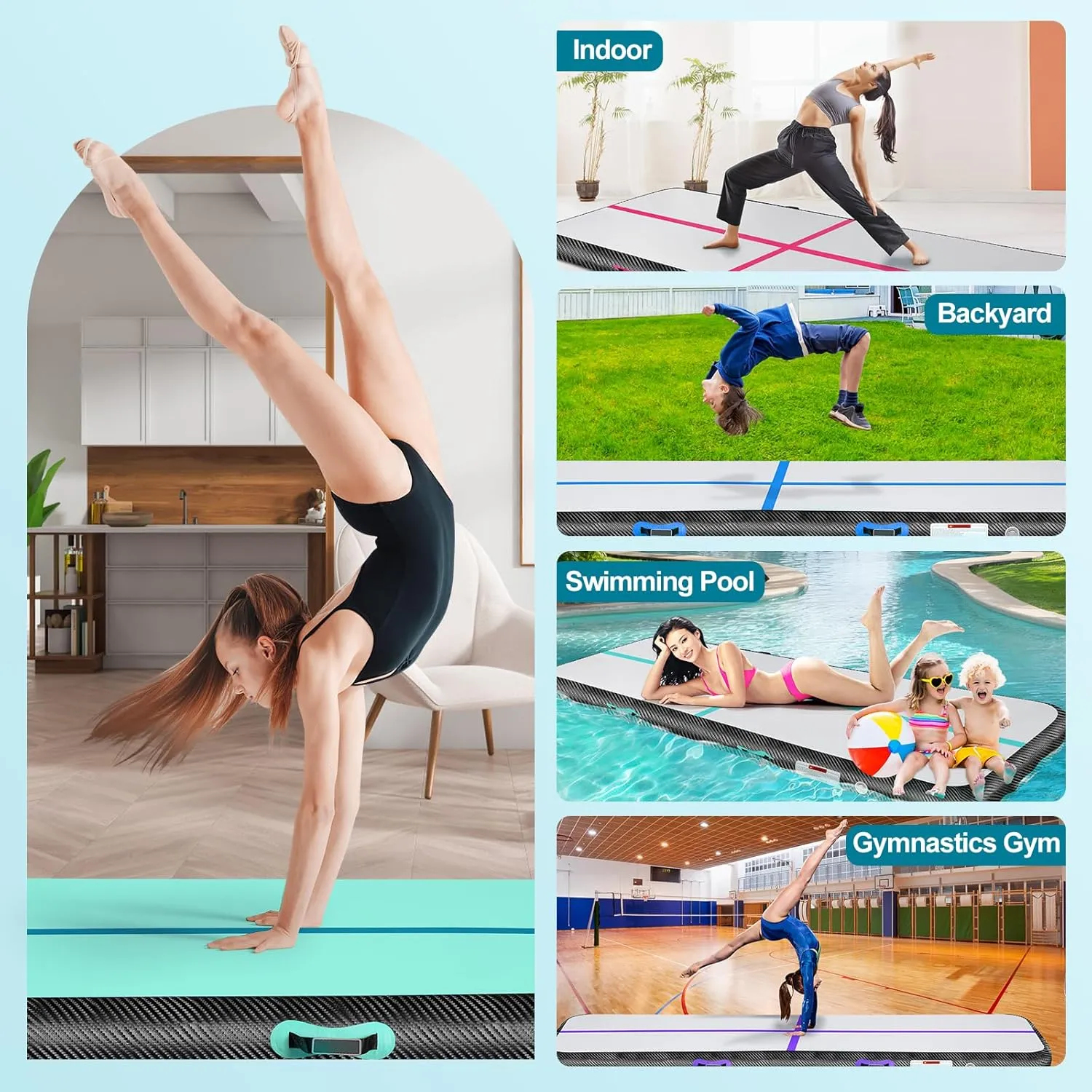 Inflatable Gymnastics Mat 10ft/13ft/16ft/20ft/ Air Tumbling Track Mats 4/8 inches Thick for Home Use/Training/Cheerleading/Yoga/Water with Pump