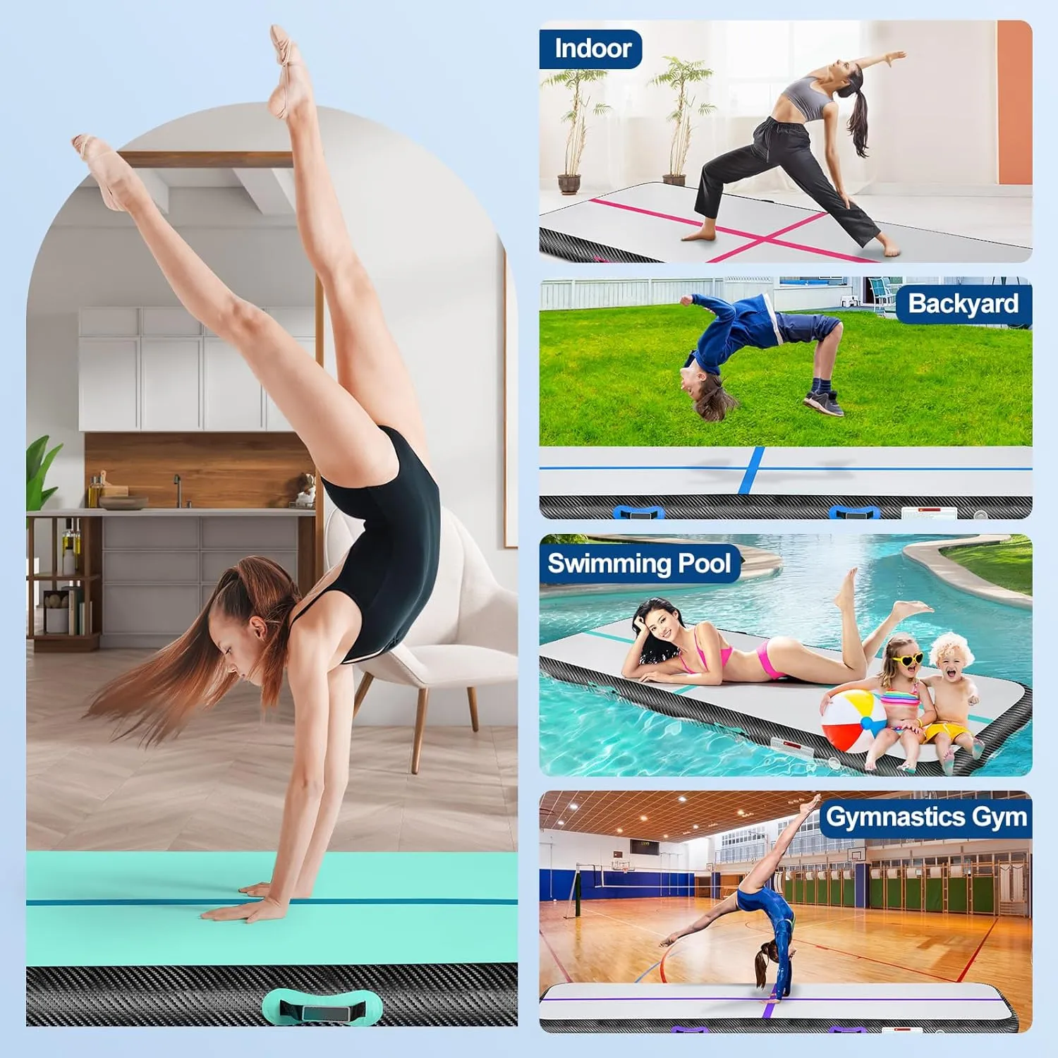 Inflatable Gymnastics Mat 10ft/13ft/16ft/20ft/ Air Tumbling Track Mats 4/8 inches Thick for Home Use/Training/Cheerleading/Yoga/Water with Pump