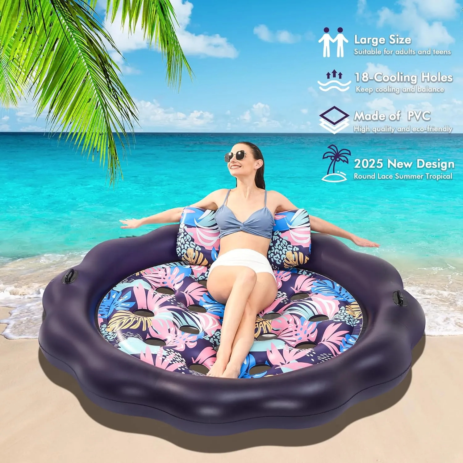 Inflatable Pool Float Mat, Pool Floats with Headrest for Adult Heavy Duty, X-Large Cooling Pool Floatie Bed with Grab Handles for Summer Lake