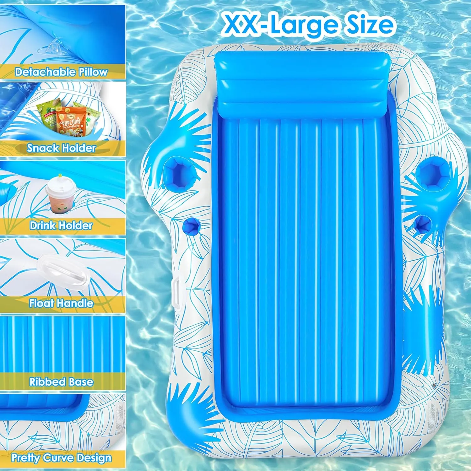Inflatable Pool Lounger Float for Adults - JIANYHW X-Large Beach Sun Tan Tub Pool Lounge Raft Sunbathing Pool Floaties with 2 Food/Drink Holder, Blow Up Tanning Pool Bed Floating Mat
