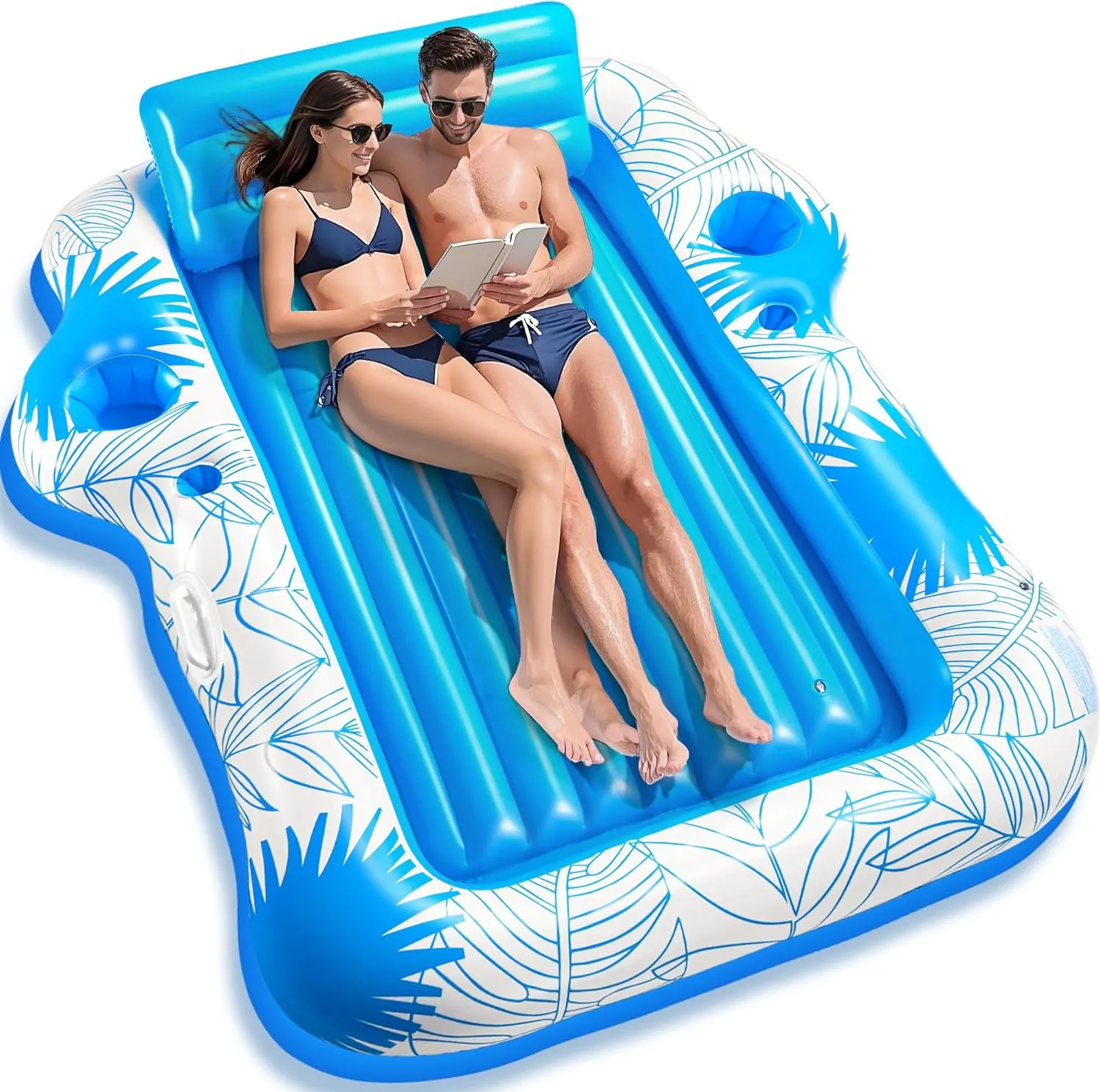 Inflatable Pool Lounger Float for Adults - JIANYHW X-Large Beach Sun Tan Tub Pool Lounge Raft Sunbathing Pool Floaties with 2 Food/Drink Holder, Blow Up Tanning Pool Bed Floating Mat