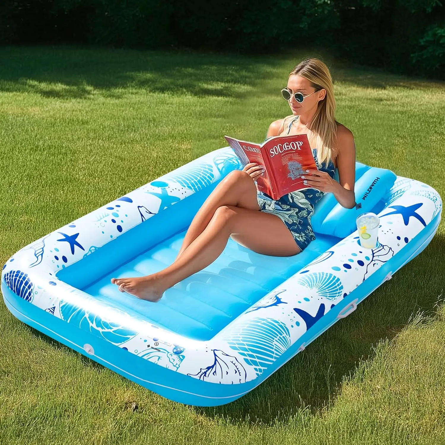 Inflatable Tanning Pool Lounger Float for Adults, 70" x 46" Pool Floats with Pillow, Large Tanning Bed for Backyard, Inflatable Sofa Pool Party Favors, Blue
