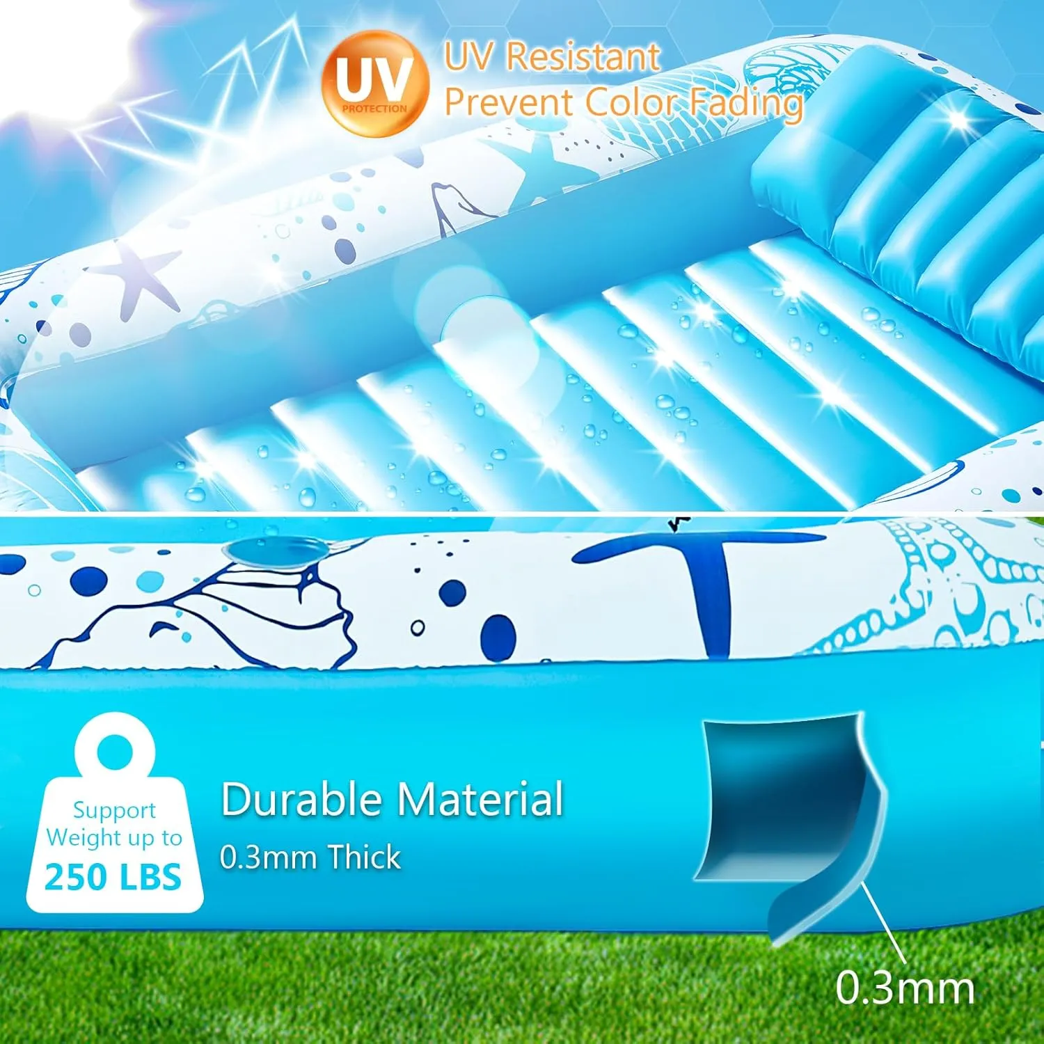 Inflatable Tanning Pool Lounger Float for Adults, 70" x 46" Pool Floats with Pillow, Large Tanning Bed for Backyard, Inflatable Sofa Pool Party Favors, Blue