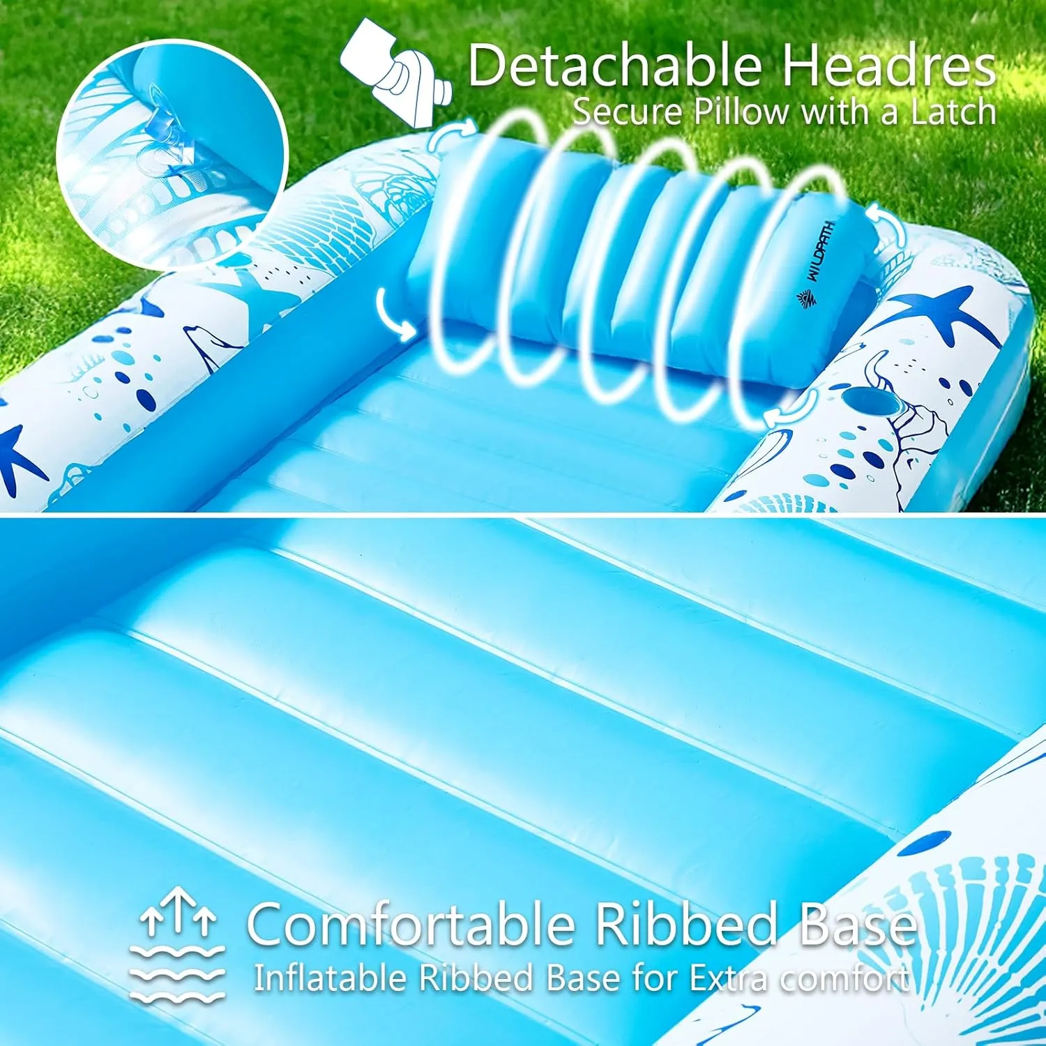 Inflatable Tanning Pool Lounger Float for Adults, 70" x 46" Pool Floats with Pillow, Large Tanning Bed for Backyard, Inflatable Sofa Pool Party Favors, Blue